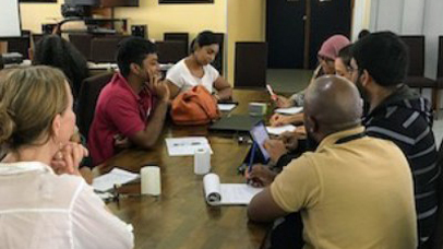 Clare Anderson and UWI St Augustine postgraduate students in a session on 'building international collaborations'