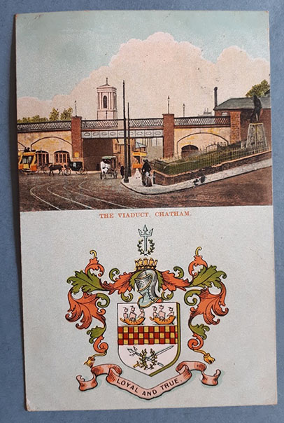 Front side of a postcard sent from Chatham. The scene features an illustration of 'The Viaduct, Chatham' and the town shield with the motto 'Loyal and True'.