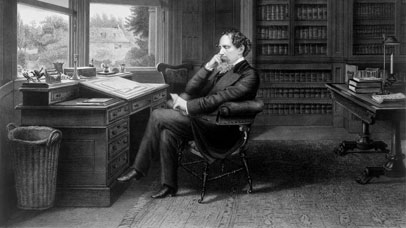 Illustration of Dickens sat at a desk