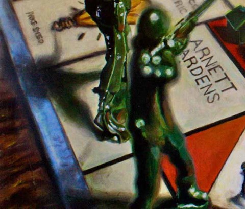 Jamaican version of Monopoly with toy soldiers on the board.