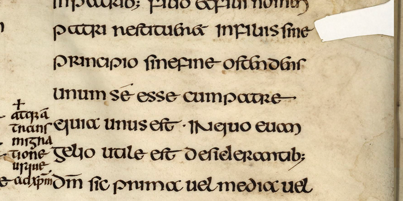 Cropped image of an insular manuscript featuring old text and a white sweeping character outlined in orange