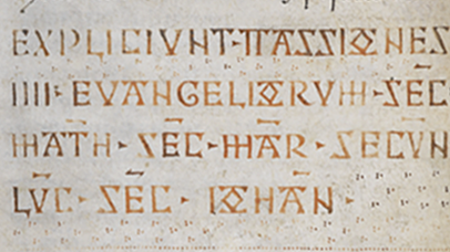  Image of an insular manuscript text with shiny, brass-coloured lettering