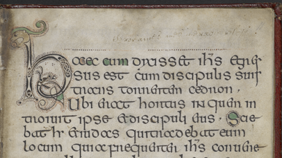 A cropped page from an insular manuscript featuring curly script and an elaborate, Celtic-style curved letter in the top corner