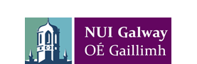 Logo for the National University of Ireland in Galway featuring a tower in two tone white and dark blue on a green and blue half-and-half background