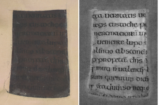 Left: A fragment of Cotton MS Otho A. I (folio 1v) as seen under normal visible light showing severe darkening and illegibility due to fire damage. Right: The fragment as processed following multispectral imaging.