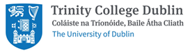 Logo for Trinity College Dublin featuring a coat of arms on blue with a harp, lion and castle, the words in Gaelic and English in black and 'The University of Ireland' in blue