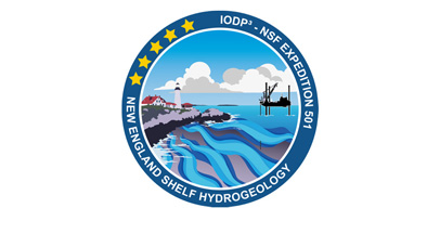 Expedition logo of the IODP3-NSF New England Expedition, showing a lifeboat close to shore.