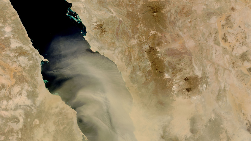 Dust storm over the Red Sea shown from space.
