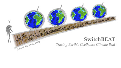 SwitchBEAT project logo, showing a stick figure looking back at Earth's climate history recorded in a sediment core.