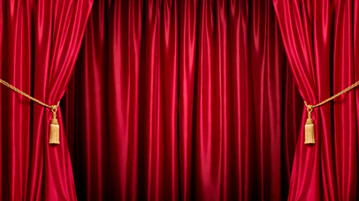 Red, drawn theatre curtains.