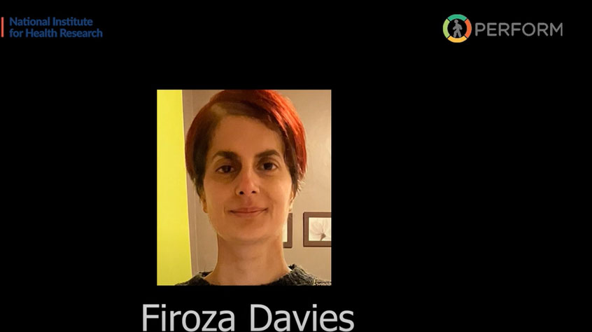 Firoza Davis headshot on a black background with the NIRH and PERFORM logos to her left and right