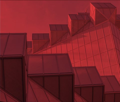 View of the roof of the Michael Atiyah building with a red filter
