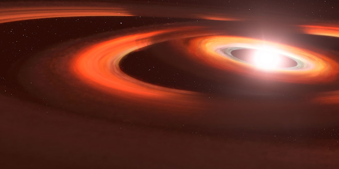 Telescope photos show gas-and-dust disks around the young star TW Hydrae and shadows sweeping across the disks encircling the system. Credit: NASA, AURA/STScI for ESA, Leah Hustak (STScI)
