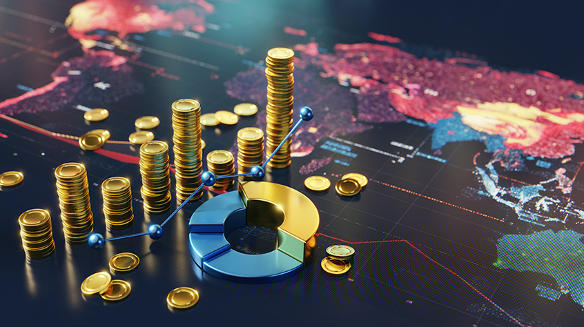 global financial trends displayed through coins graphs and a world map visualisation