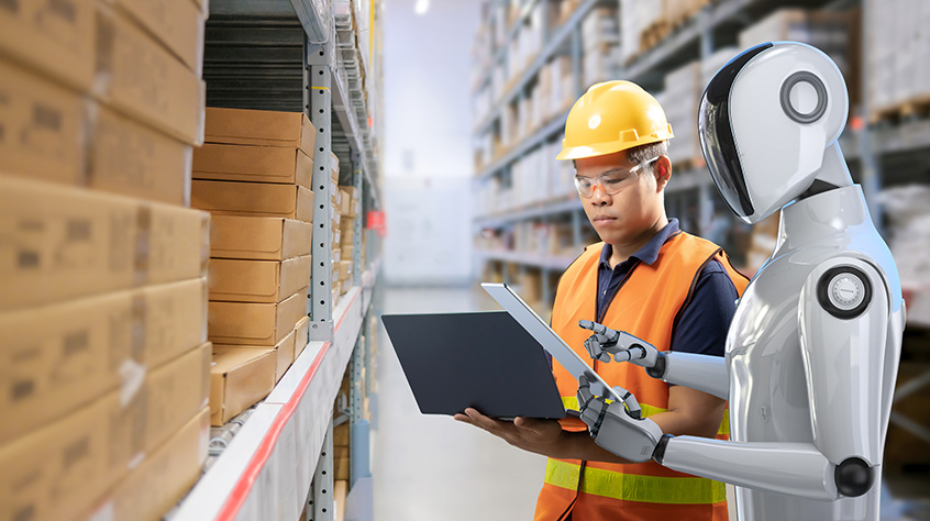 Man on a factory floor wearing a hard hat and high vis jacket looking on a laptop with a robot doing the same stood next to him.