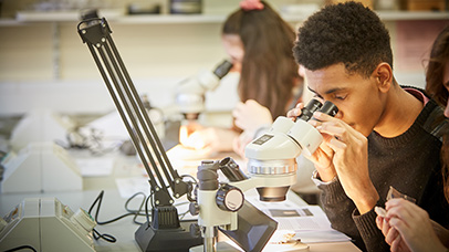 A young man looking through a microscope