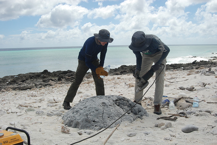 Two men using cutting coral on a beach