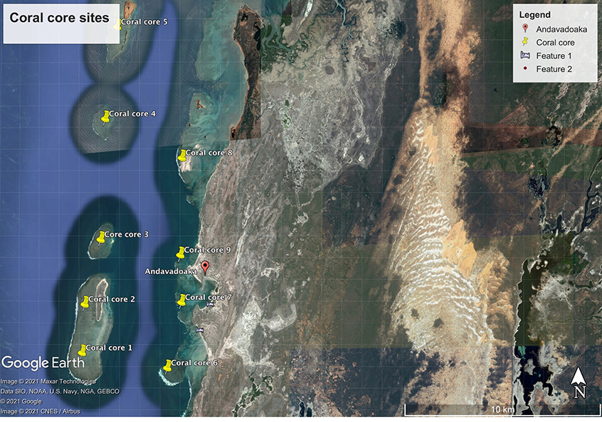Coral core sites map around Andavadoaka