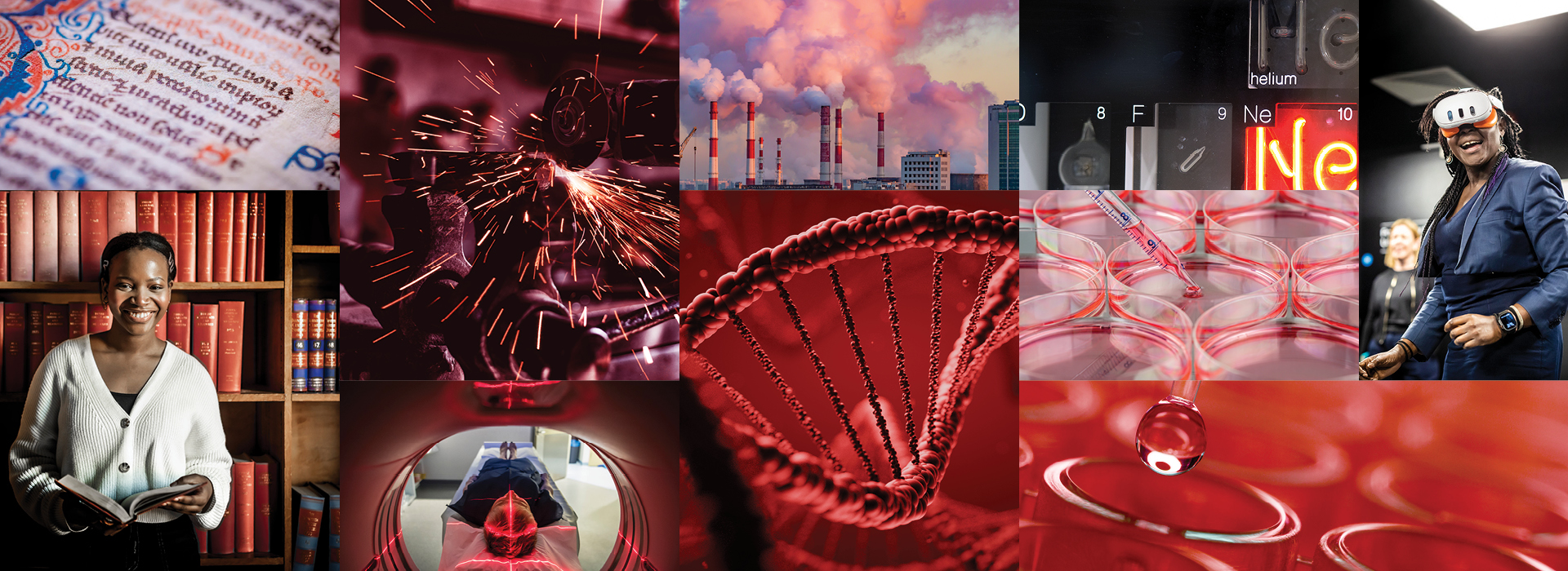 Montage of research related images encompassing all of our themes