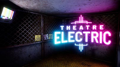 Image taken from the 'Theatre Electric' VR programme. Still of a grime-y looking room with a yellow metal floor and a grey metal fence with three small bio hazard posters plastered on. There is a small TV in the top right corner showing coloured bars as if a signal has been lost.  In the foreground, the words 'Theatre Electric' are shown in glowing pink and blue neon