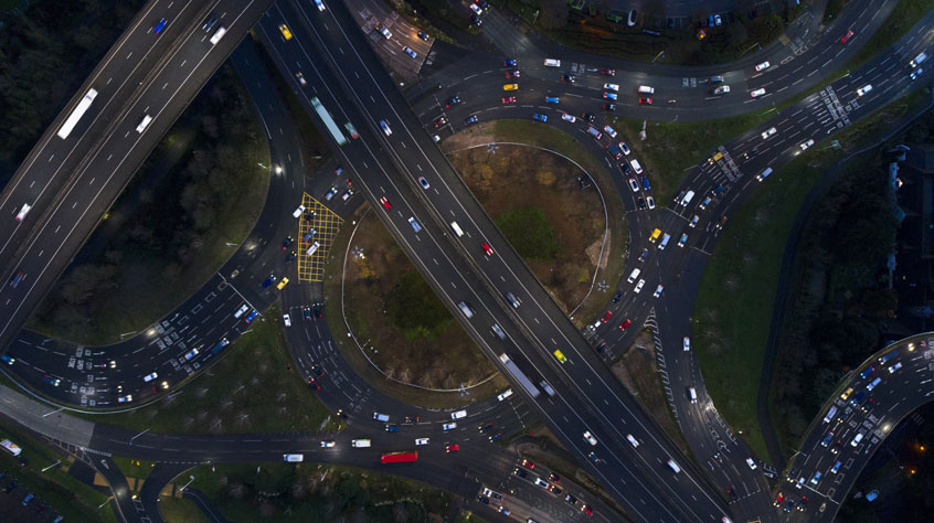 Drone view of motorways interconnecting