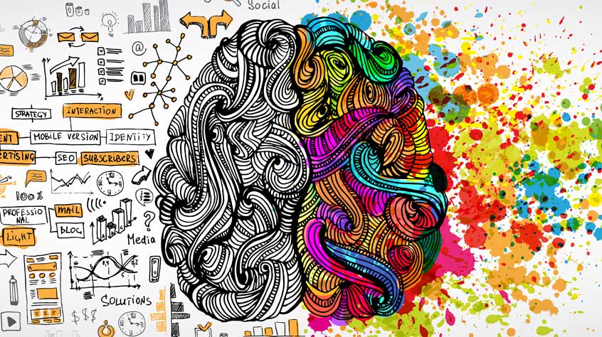 Left right human brain concept. creative part and logic part with social and business doodles