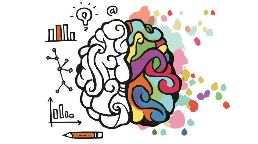 Illustration of a brain - half of which is very colourful and half of which is in black and white