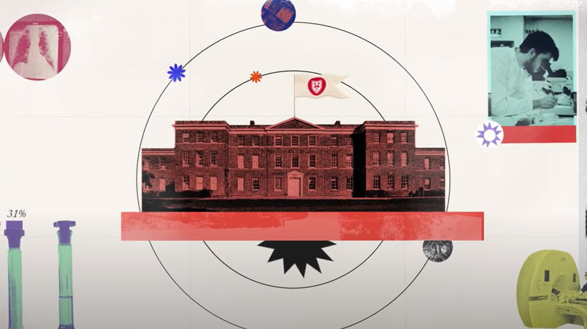 Graphic which includes the fielding johnson building, a scientist, an x-ray and some test tubes.