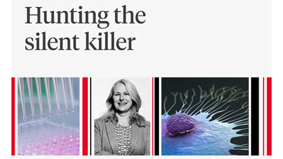 Jacqui Shaw in a picture montage with cancer cells and pipettes