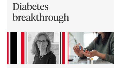 Melanie Davies in picture montage with person taking pills