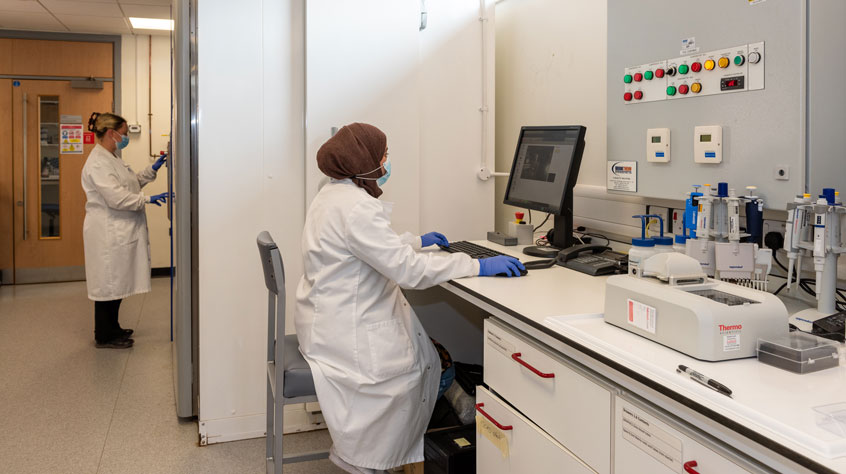 Person in a lab working on a computer