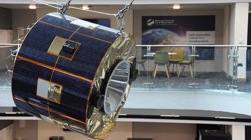 Replica of a satellite, suspended in Space Park Leicester. 