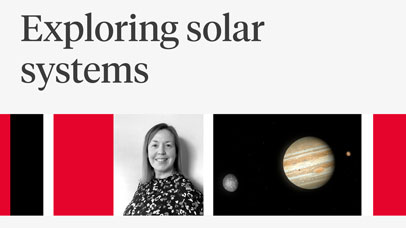 Professor Emma Bunce next to an image of a planet