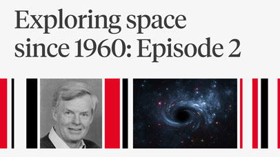 Professor Ken Pounds next to an image of a black hole in space