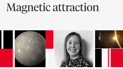 Professor Emma Bunce next to an image of a planet
