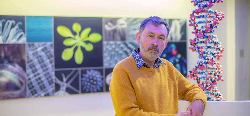 Mark Jobling standing near a 3D double helix model.