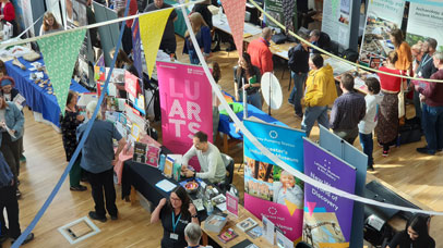 Bird's eye view of an event taking place in the students' union on Leicester campus