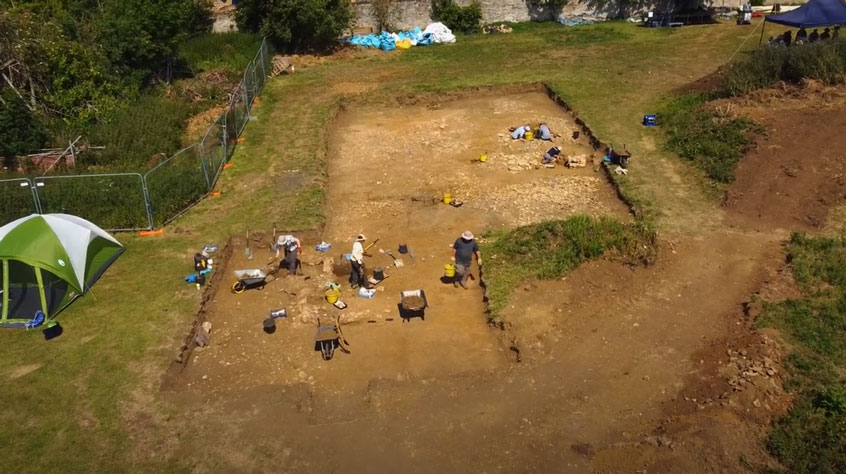 Aerial shot of an archaeological digging site. 
