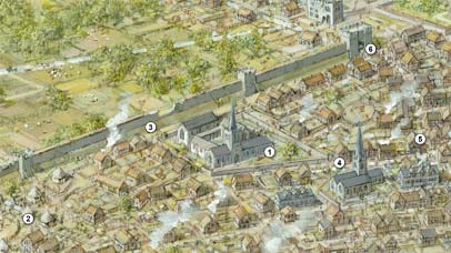 Artist’s reconstruction of the Grey Friars quarter of medieval Leicester in about 1450. Artwork: Mike Codd.