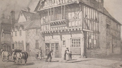 A 19th-century lithograph of the Blue Boar Inn in Highcross Street, by Leicester artist John Flower.