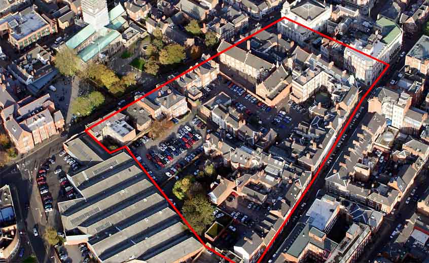 Aerial view of the Greyfriars site (outlined red), looking north-west.
