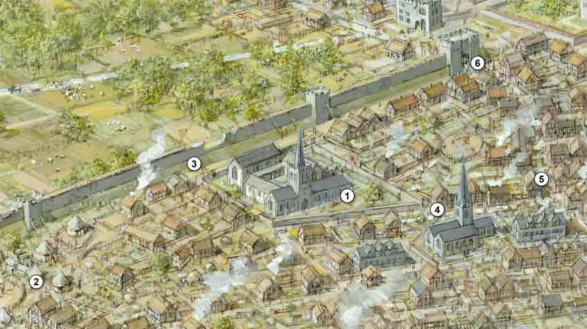 Artist’s reconstruction of the Grey Friars quarter of medieval Leicester in about 1450. Artwork: Mike Codd.