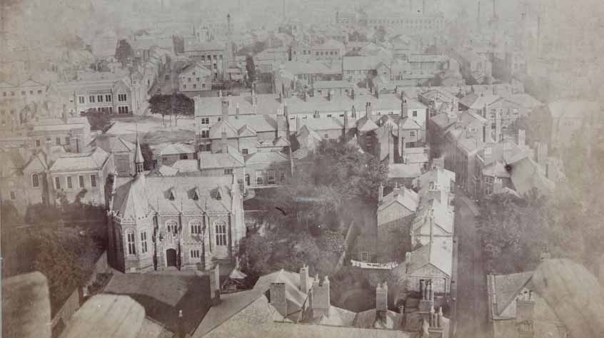 A view of the Grey Friars area taken from St Martin’s steeple in 1867, looking south. The gothic building in the foreground is Alderman Newton’s School before it was extended in 1887 and 1897. To the left, behind the school is Robert Herrick’s mansion. King Richard’s grave was found in the garden to the right of the school. Image: Leicestershire Record Office.