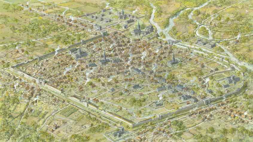 a bird’s-eye view of medieval Leicester from the north-east, as it may have looked in the late 15th century. Artwork: Mike Codd.