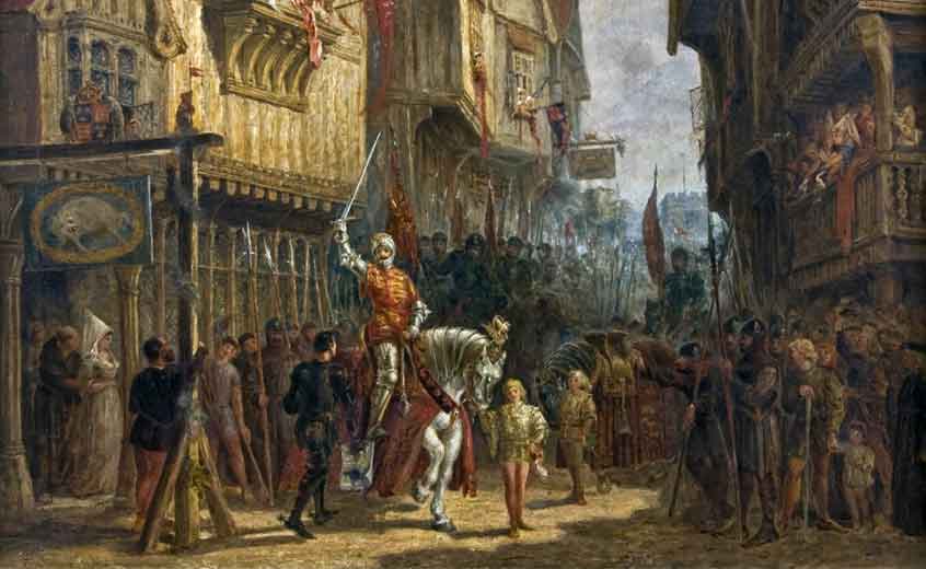 Richard III outside the Blue Boar Inn in Leicester. Oil on canvas, painted by Leicester-born artist John Fulleylove in 1880.