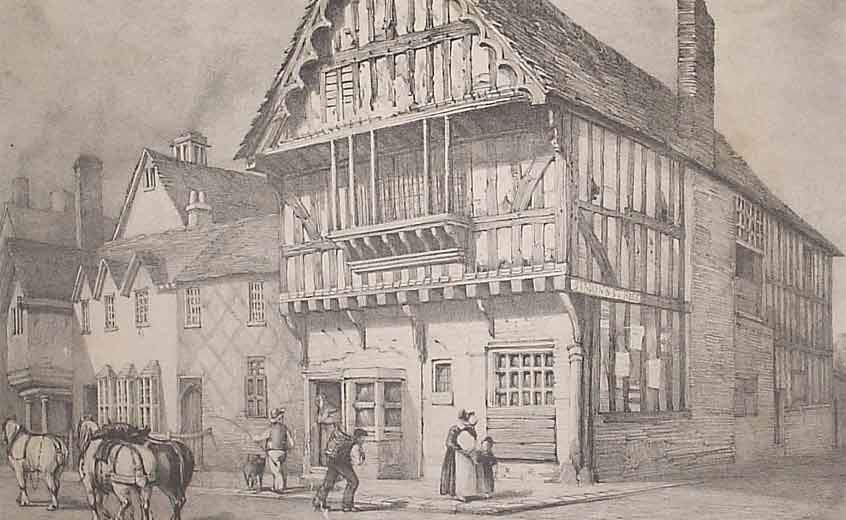 A 19th-century lithograph of the Blue Boar Inn in Highcross Street, by Leicester artist John Flower.