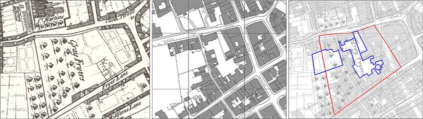 left to right: an extract from Thomas Roberts’ 1741 map of Leicester, showing the grounds of the ‘Gray Fryers’; a modern map of the same area; the two maps overlaid showing the ‘Gray Fryers’ (red) in relation to modern buildings and streets and three large open areas potentially available for excavation (blue).