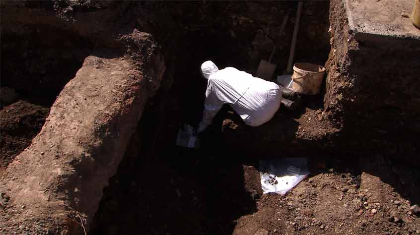 Osteologist Dr Jo Appleby carefully excavates the human remains in Trench 1.