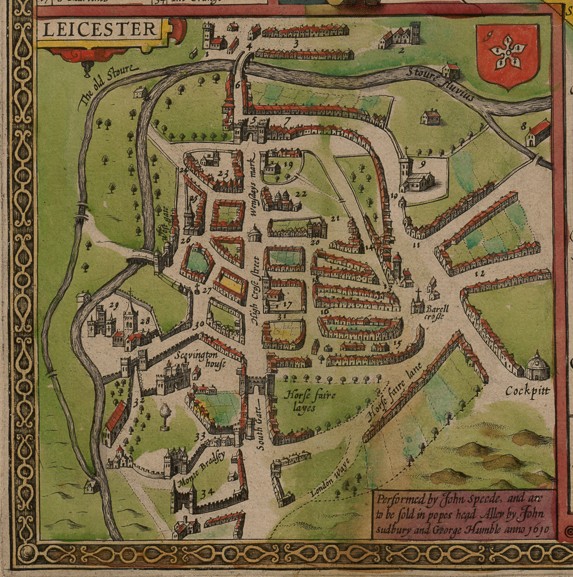 John Speed’s 1610 map of Leicester, which mislabels the location of Black Friars (23 on the map) as ‘Graye Fryers’. The actual site of the Grey Friars is unlabelled.