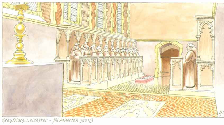 Artist’s reconstruction of the choir of the Grey Friars church looking west, showing the arrangement of the choir and presbytery and the alabaster slab laid over the burial place of Richard III. Artwork by Jill Atherton.
